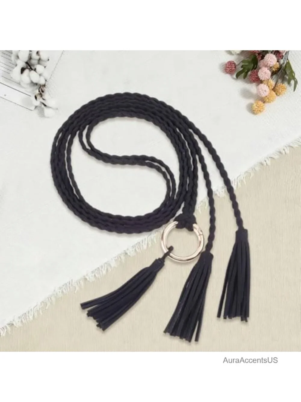 Boho Braided PU Leather Waist Belt with Tassel Rope